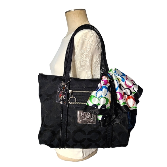 Coach Poppy Op Art Glam Tote Bag Black Signature Scarf - Picture 2 of 12